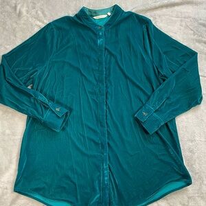 Soft Surroundings Velour Velvet Tunic‎ Top Large Montaigne Teal Hidden Button